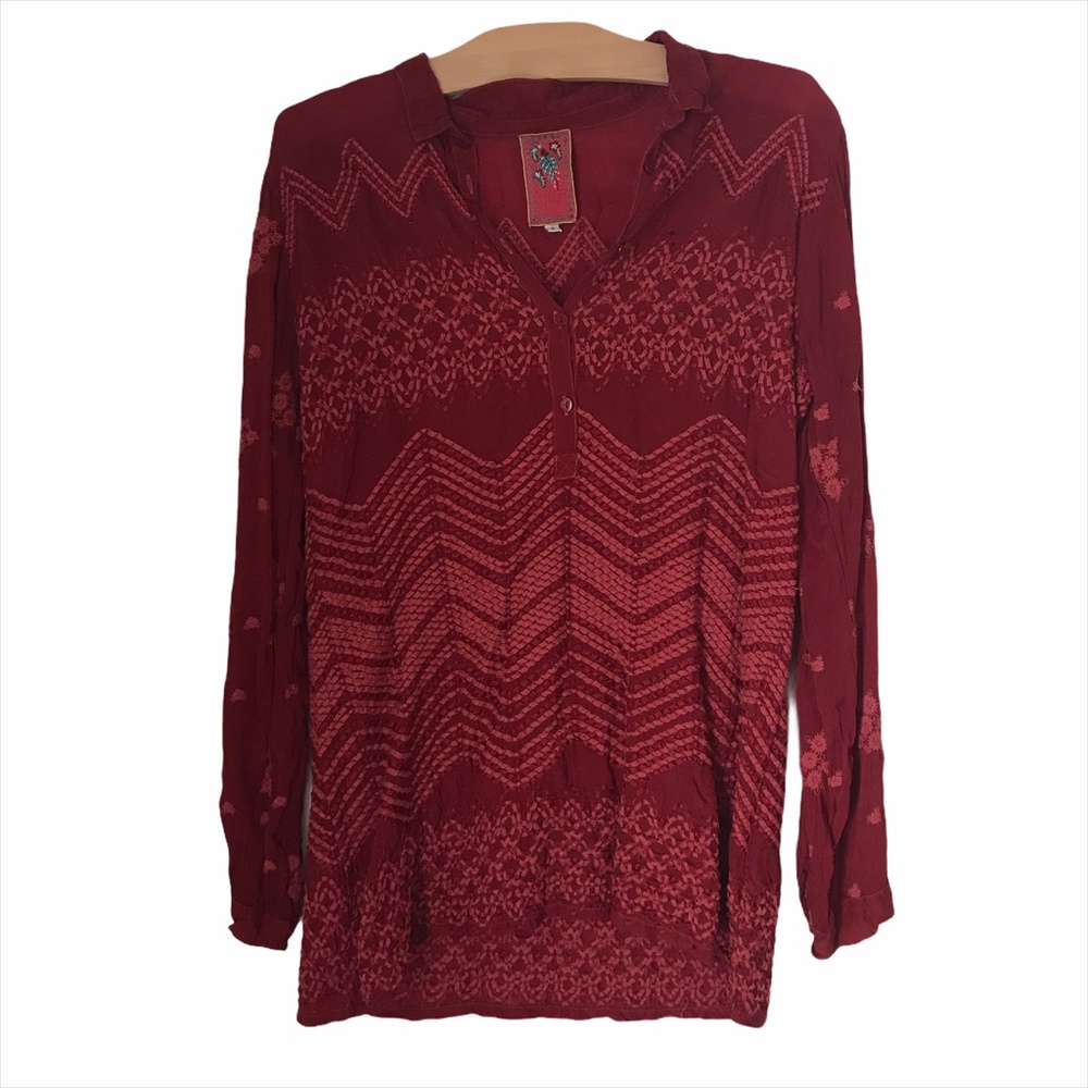Johnny Was Red Embroidered Tunic Blouse Shirt Sz S
